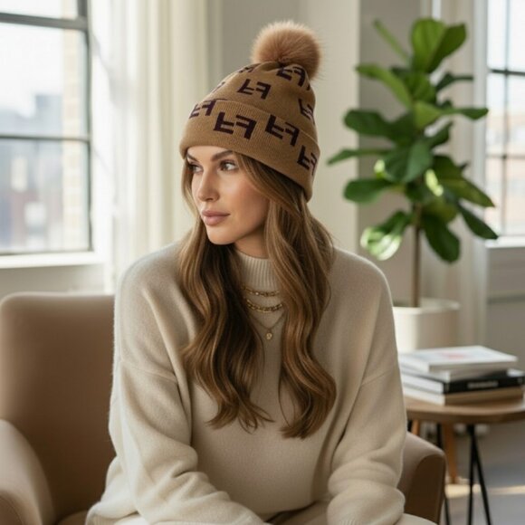 Knit Beanie Tuque with Faux Fur Pom – Brown & Tan Double F Pattern Hat - Picture 4 of 16